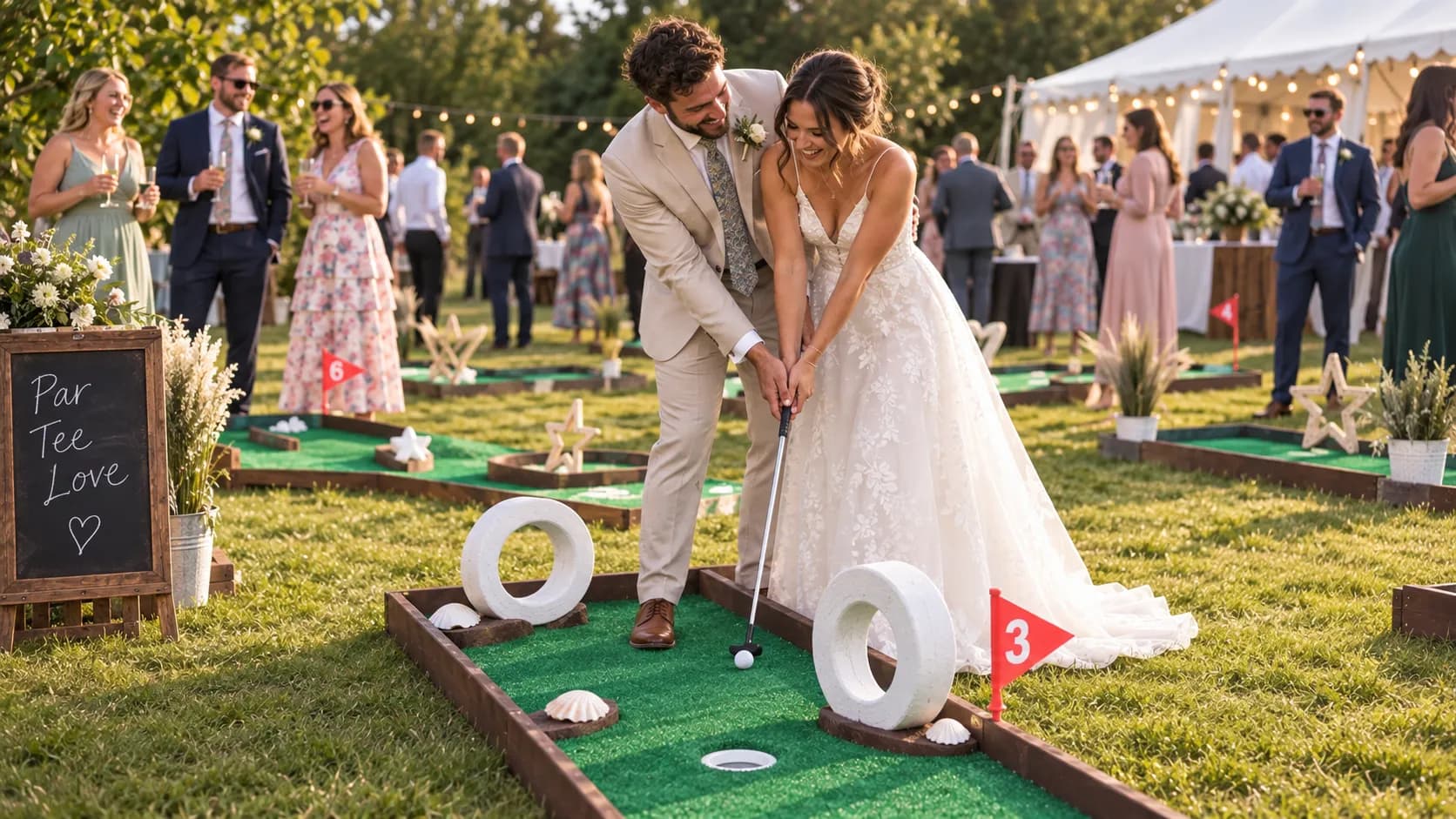 A bride and groom putting together on a Golf & Play wedding course, guests and marquee behind